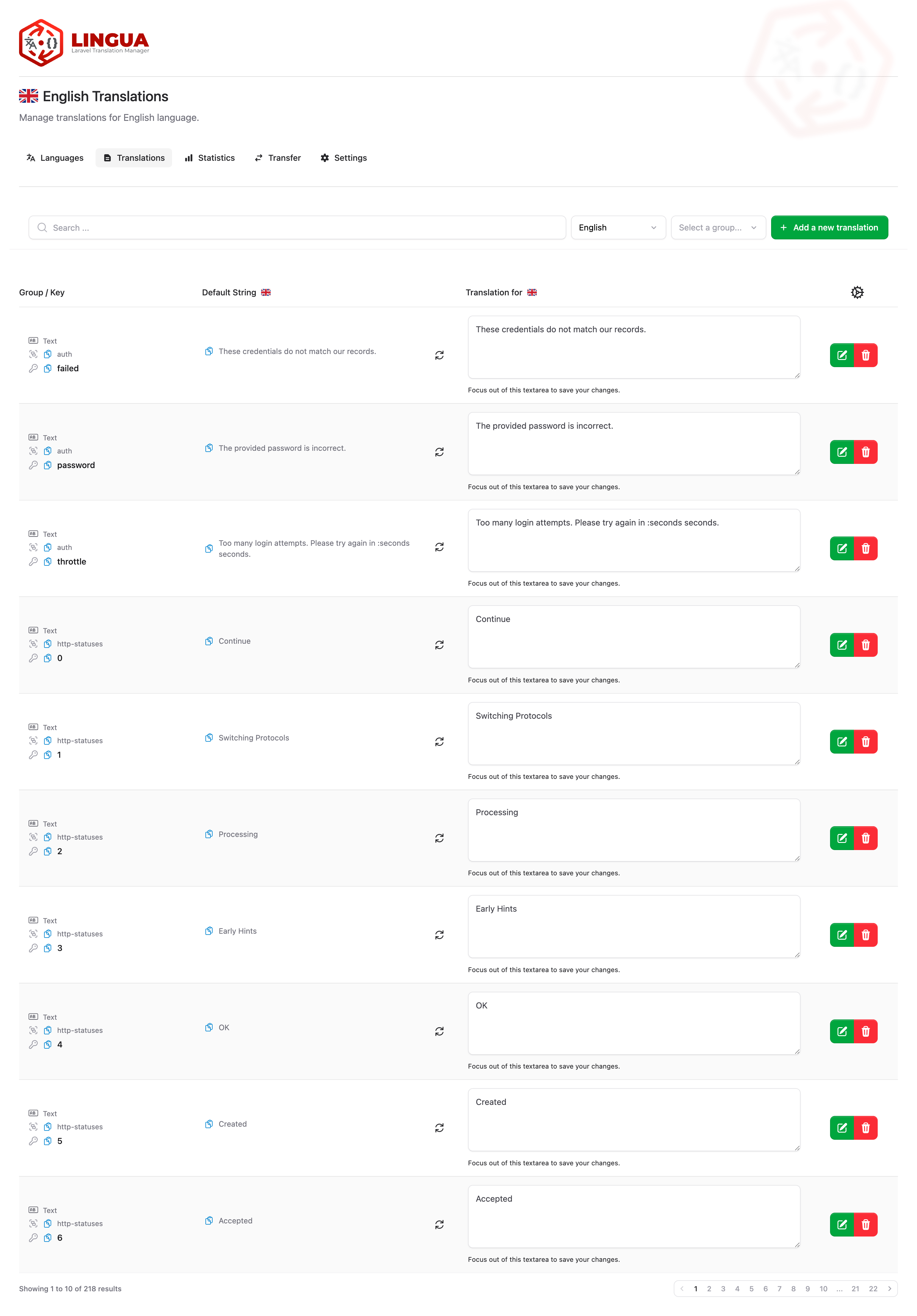 Lingua Translations page — edit translation strings inline in a filterable, paginated table