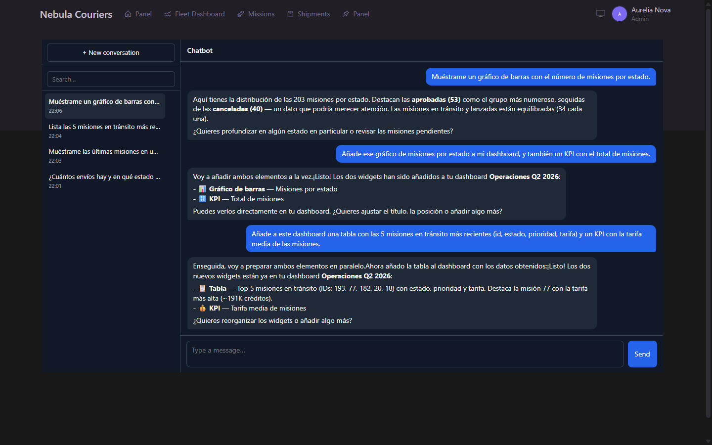 Full-page chat mode with a conversation history sidebar