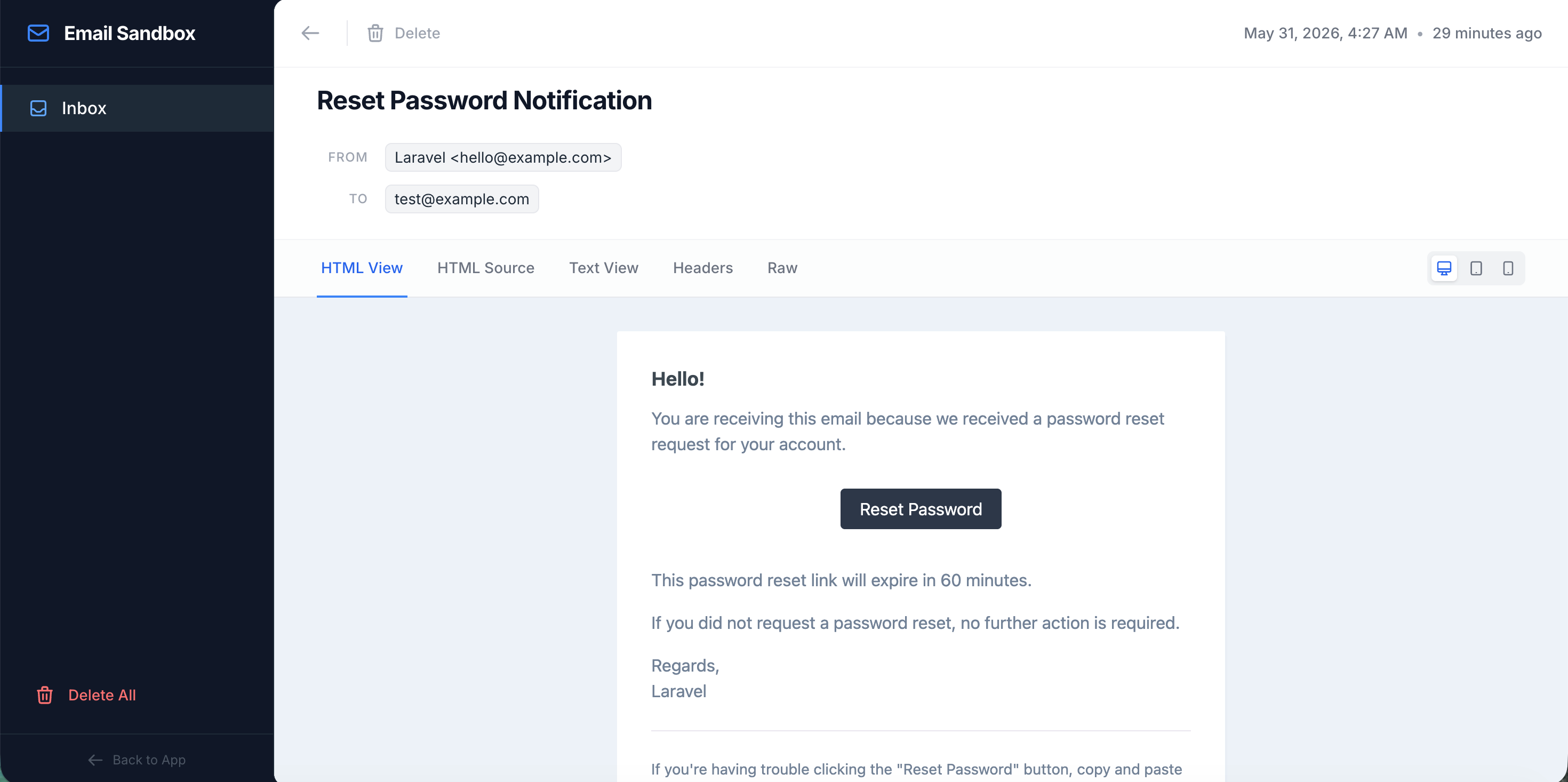 Email preview with HTML, text, headers and raw views