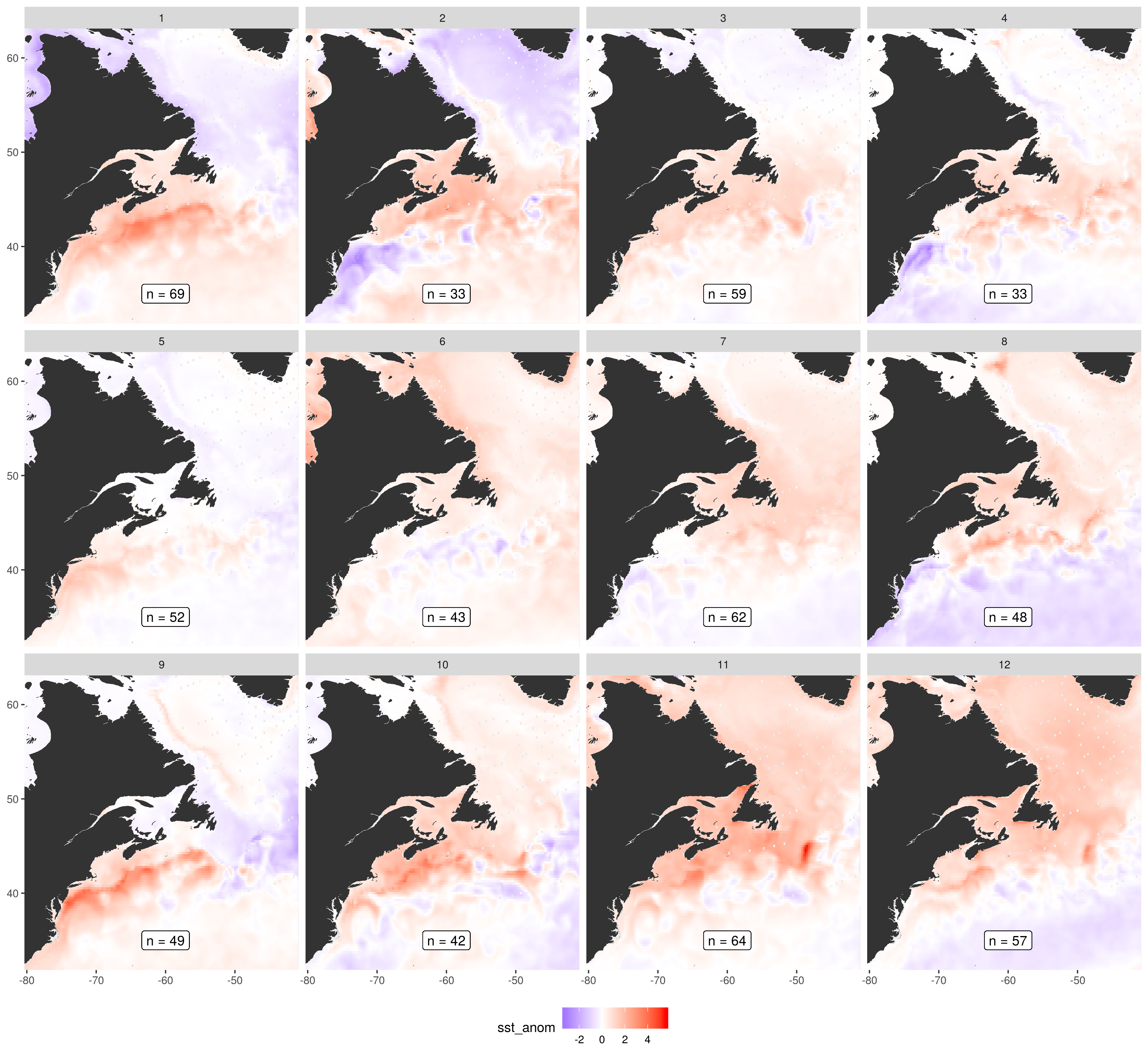 The SST anomaly per node of the SOM. Note that the SST patterns are calculated in conjunction with the several other variables and are not the only variable taken into account. They are shown here by themselves as I think they provide the most convenient single snap shot of the results.