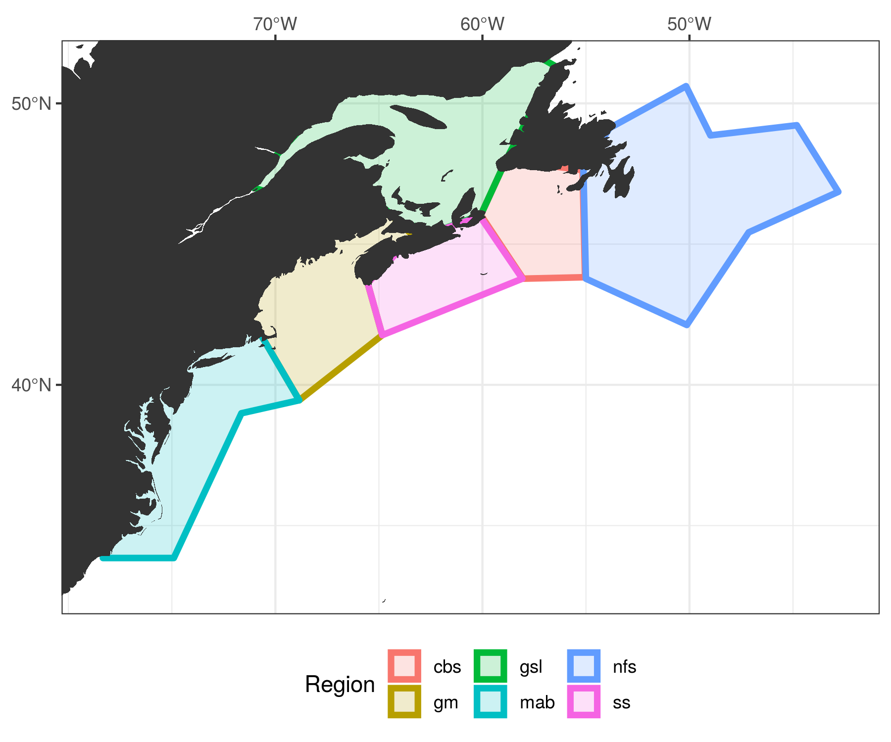 The regions of the coast were devided up by their temperature and salinity regimes based on work by @Richaud2016. The regions were furthered divided into sub-regions based on their depth.