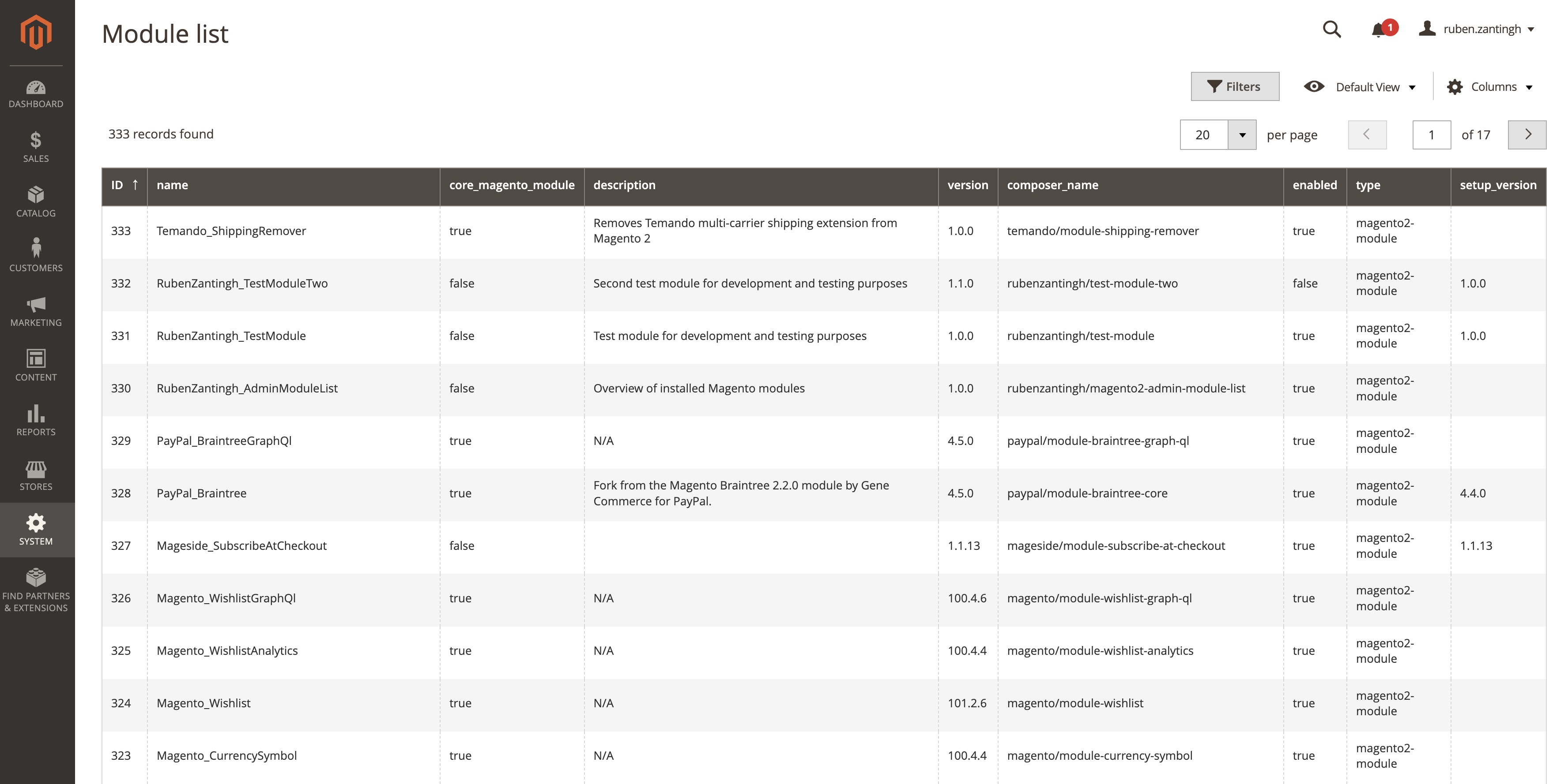 Admin Module List - Grid view showing installed Magento modules with their versions, status, and descriptions