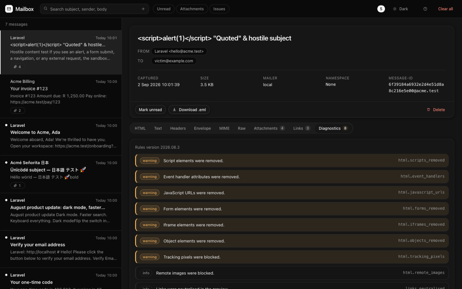 The Diagnostics tab reporting everything the sanitizer removed from a hostile email