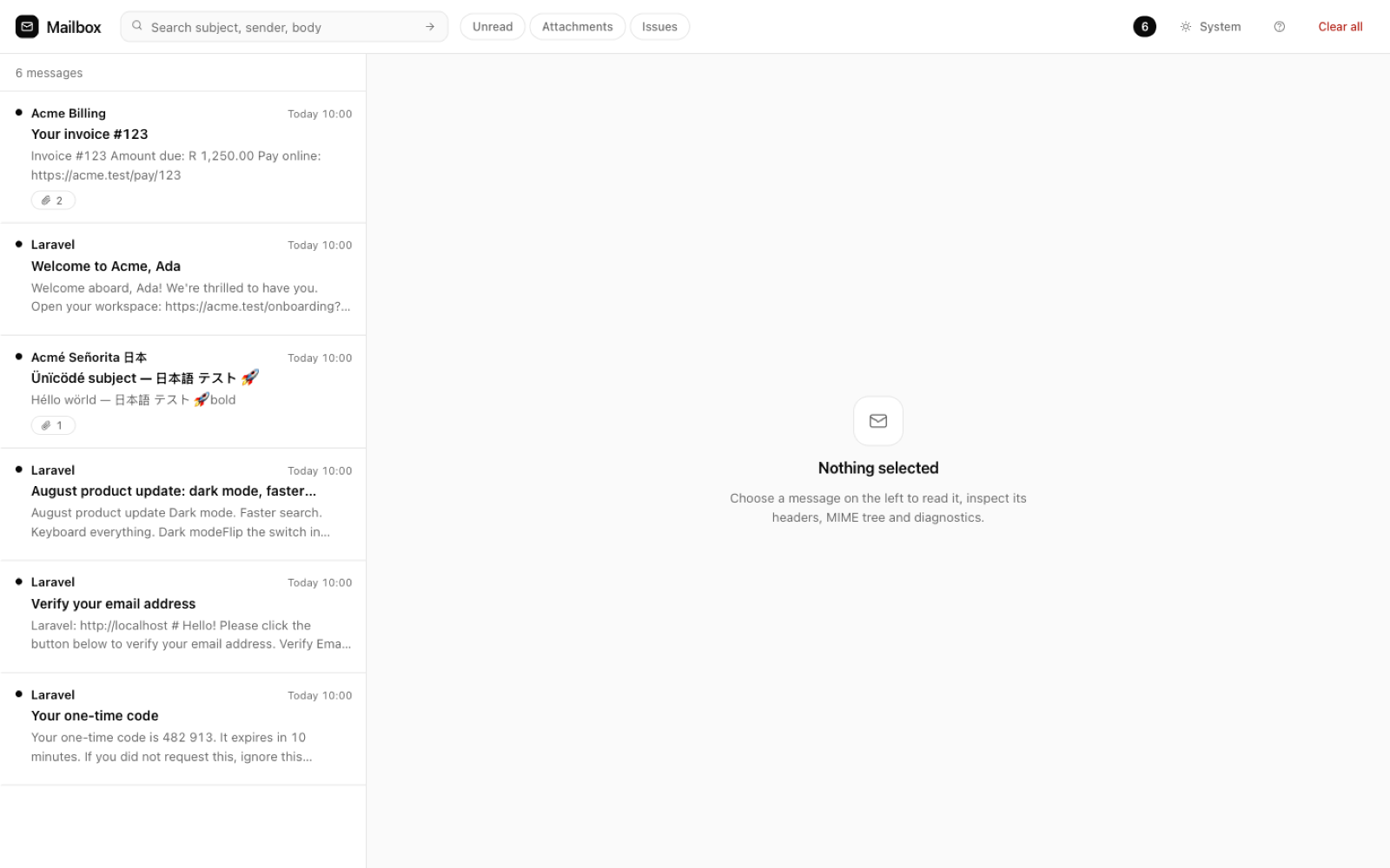 The Mailbox inbox with search, filters and a list of captured messages