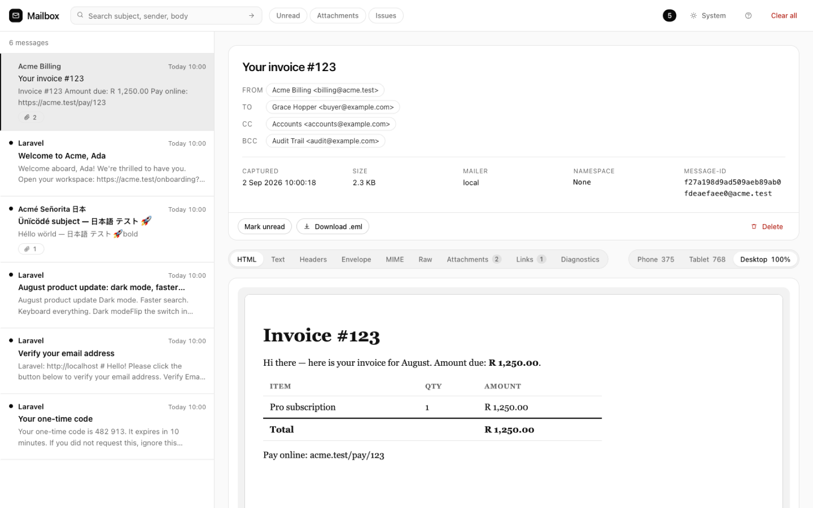 Laravel Mailbox showing a captured invoice email with its recipients, envelope facts, tabs and HTML preview