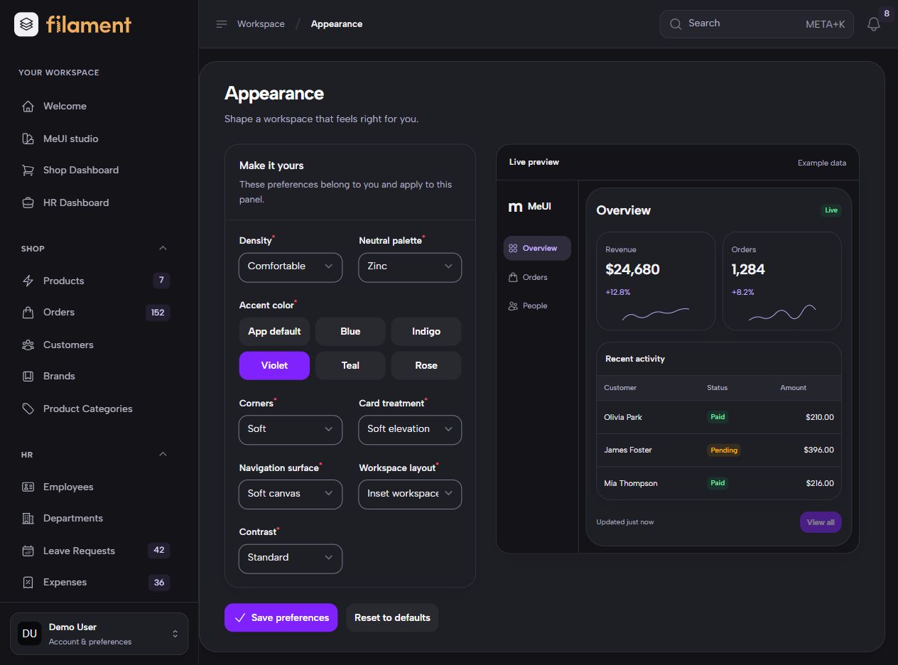 MeUI personal customizer in dark mode