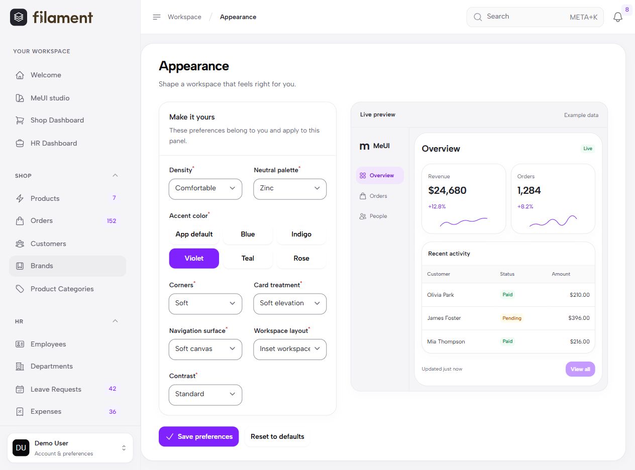MeUI personal customizer in light mode