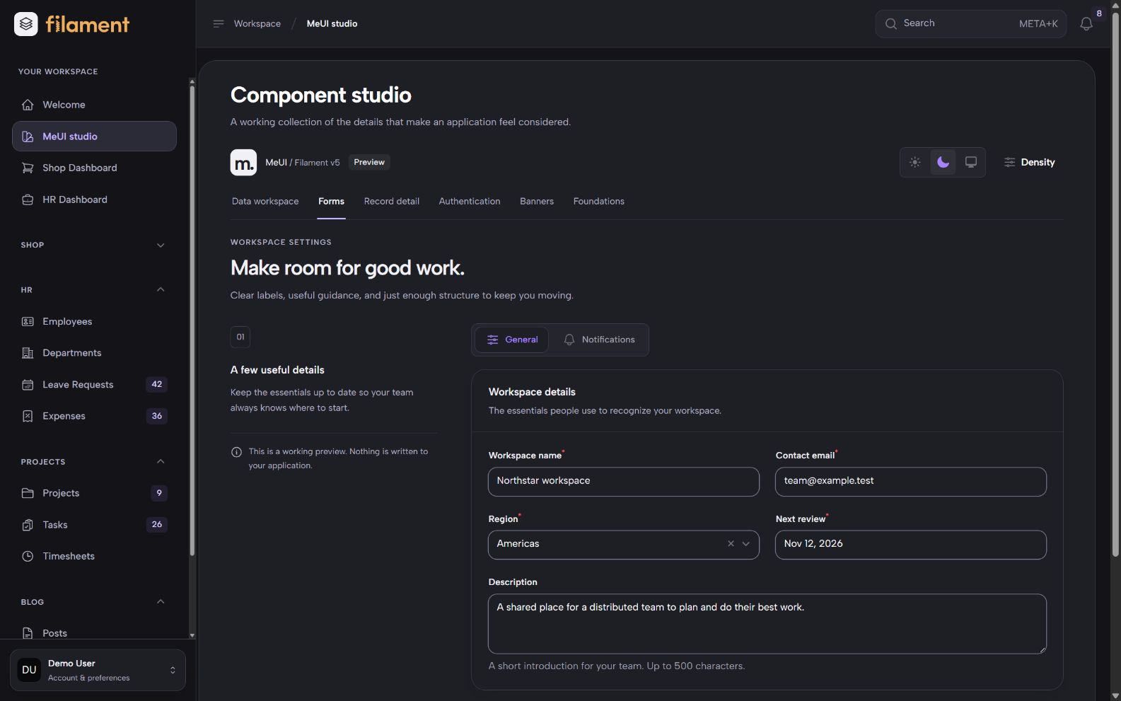 MeUI Studio forms in dark mode