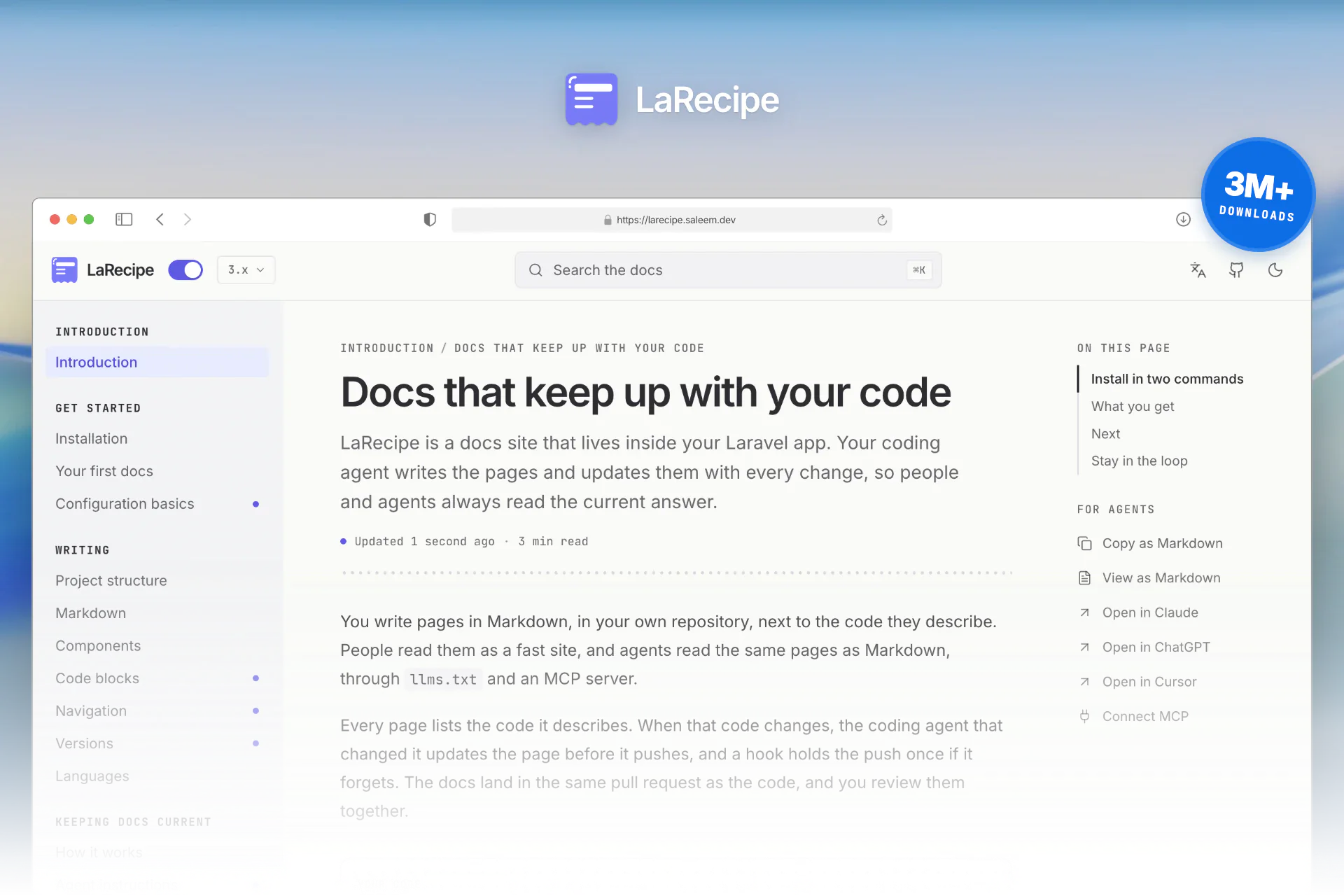 The LaRecipe docs site in a browser: the sidebar, the Introduction page, and the panel of actions for agents, such as Copy as Markdown and Connect MCP. A badge on the window reads 3M+ downloads.