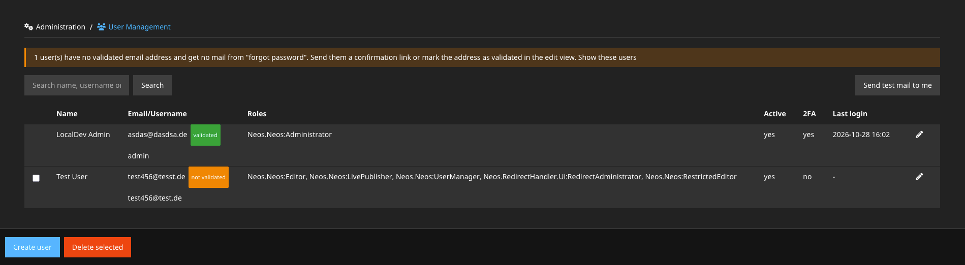 User management module: list of users