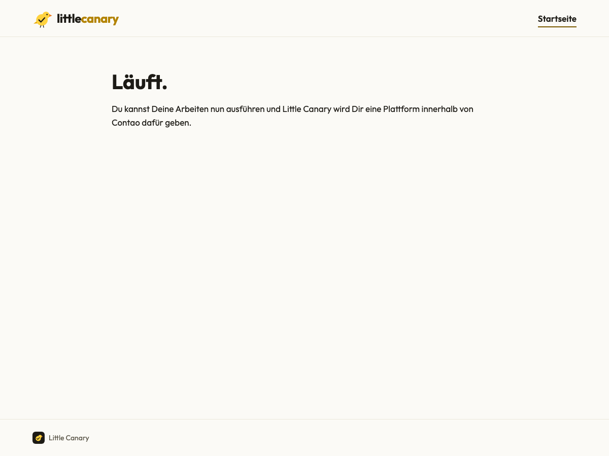Startseite mit Little Canary: Logo und Menü im Header, Überschrift „Läuft.“ mit einem Absatz, Footer