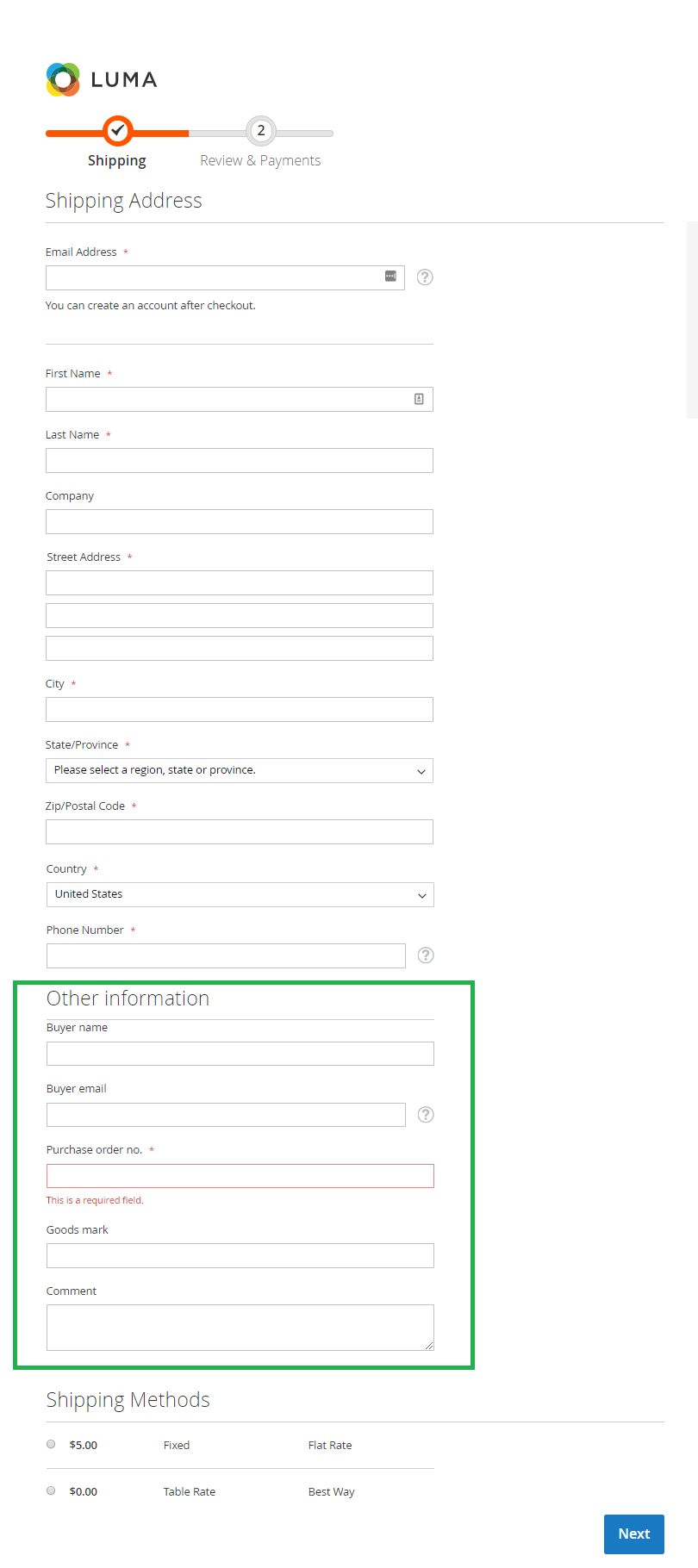 Checkout frontend custom form - Guest