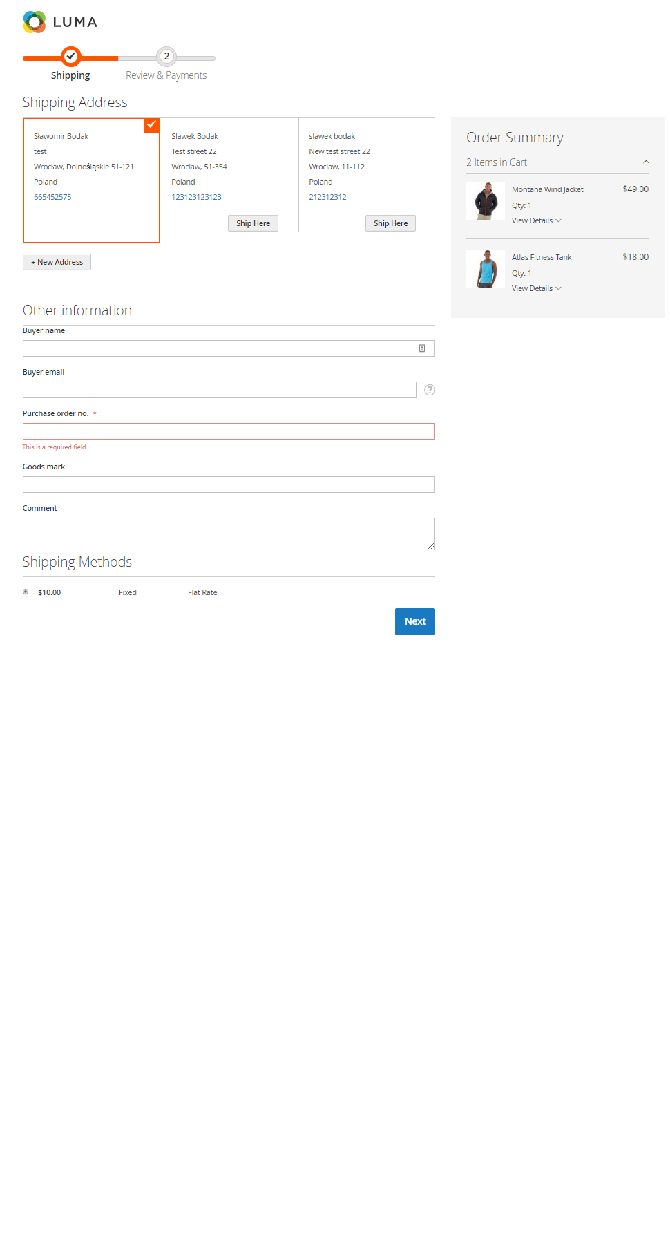 Checkout frontend custom form - Logged in
