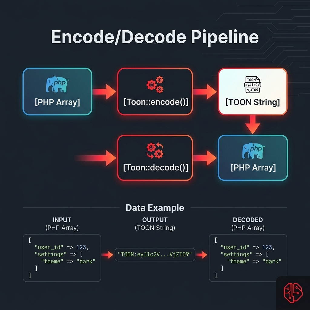 TOON Encode/Decode Pipeline — PHP Array → Toon::encode() → TOON String → Toon::decode() → PHP Array