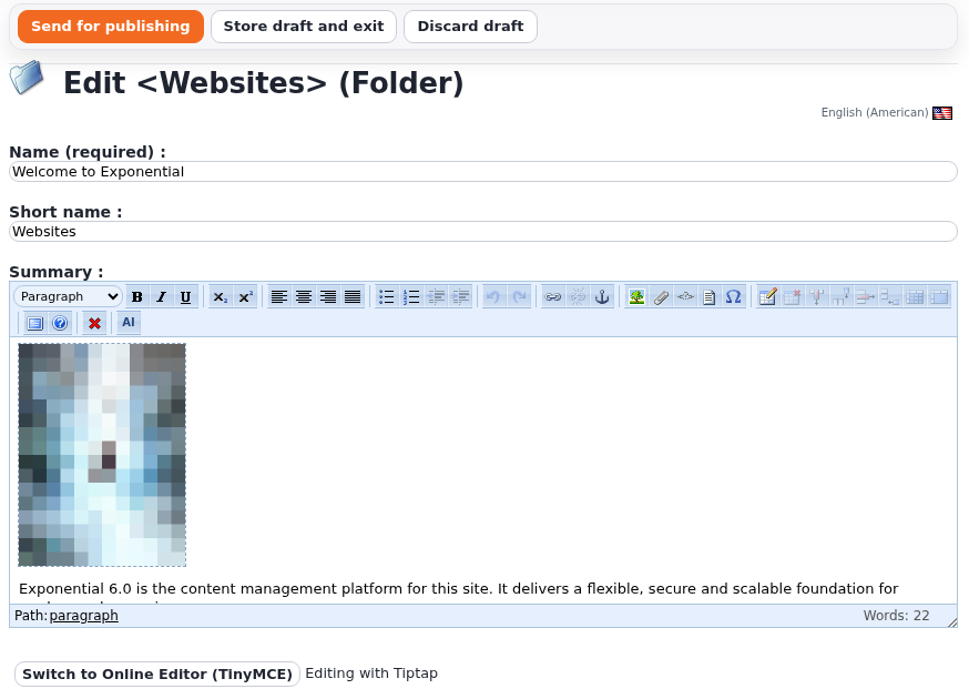 A folder in the admin, its summary edited with Tiptap, the switch back to the Online Editor below the field
