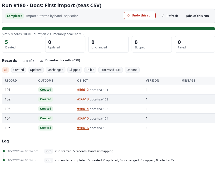 The run page of a first import: Completed, 5 created, the five records with their new objects, and the log