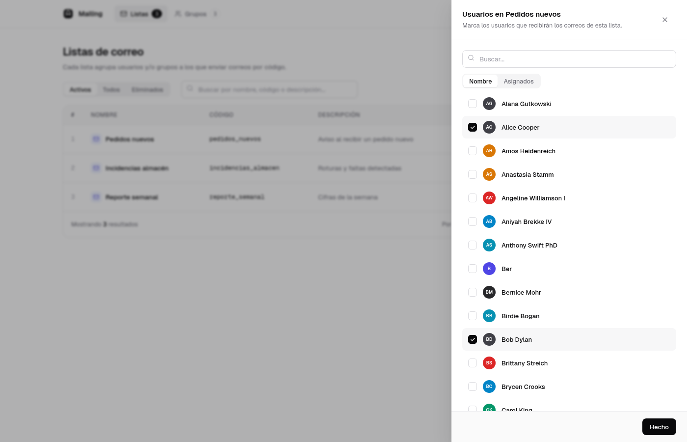 Drawer de usuarios de una lista