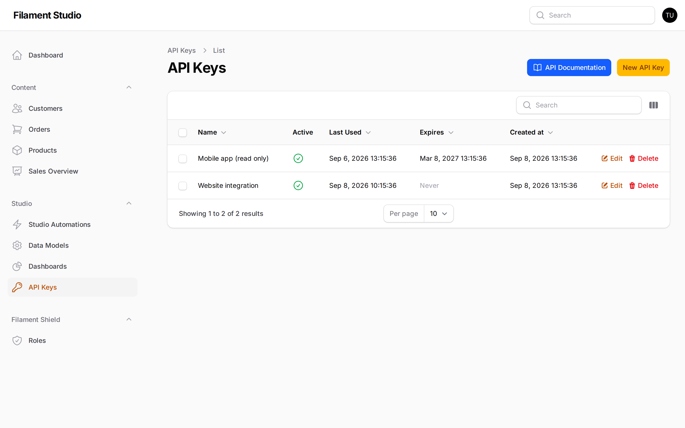 API Keys List