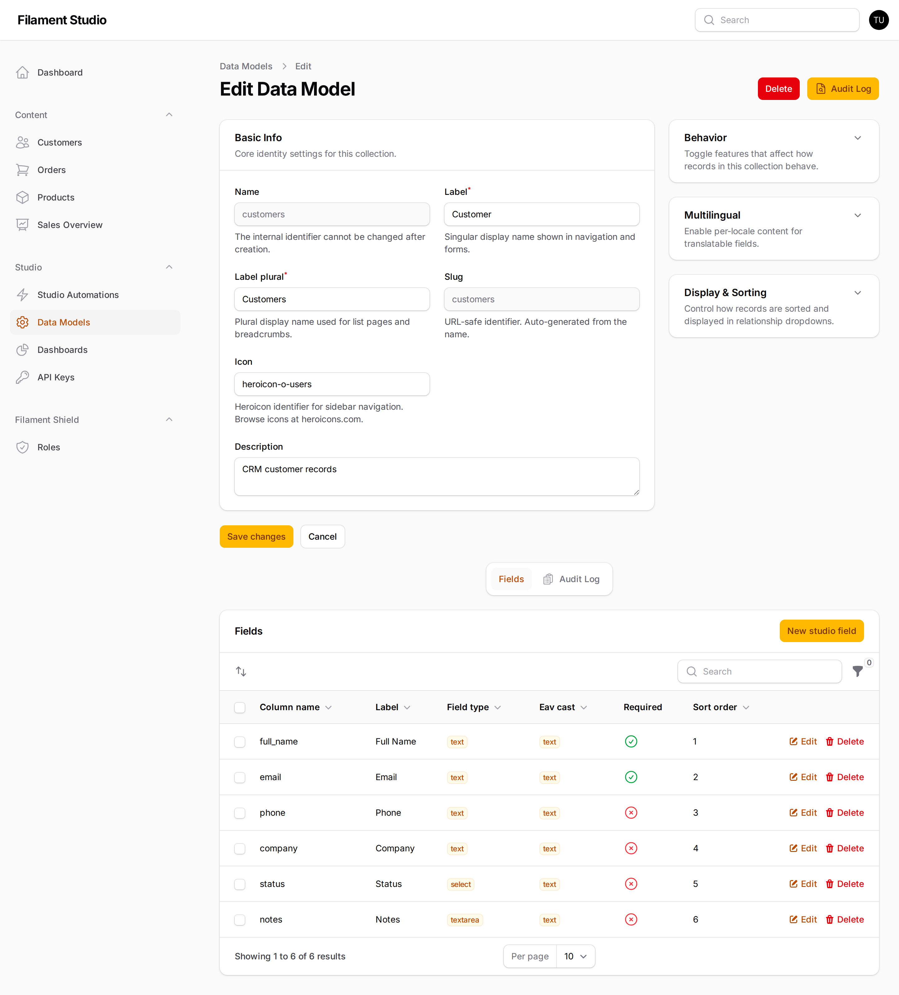 Fields list