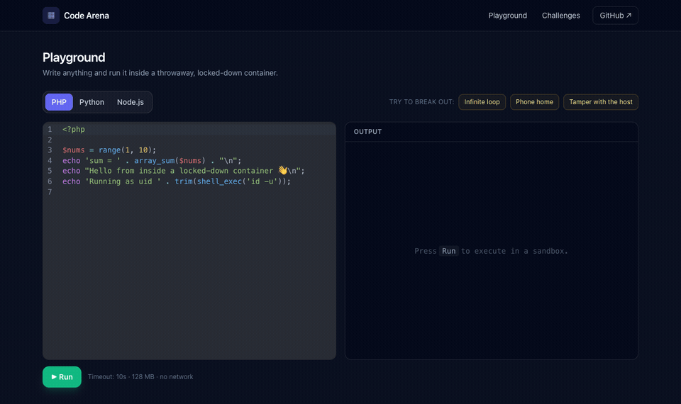 Code Arena — running code safely in a sandbox
