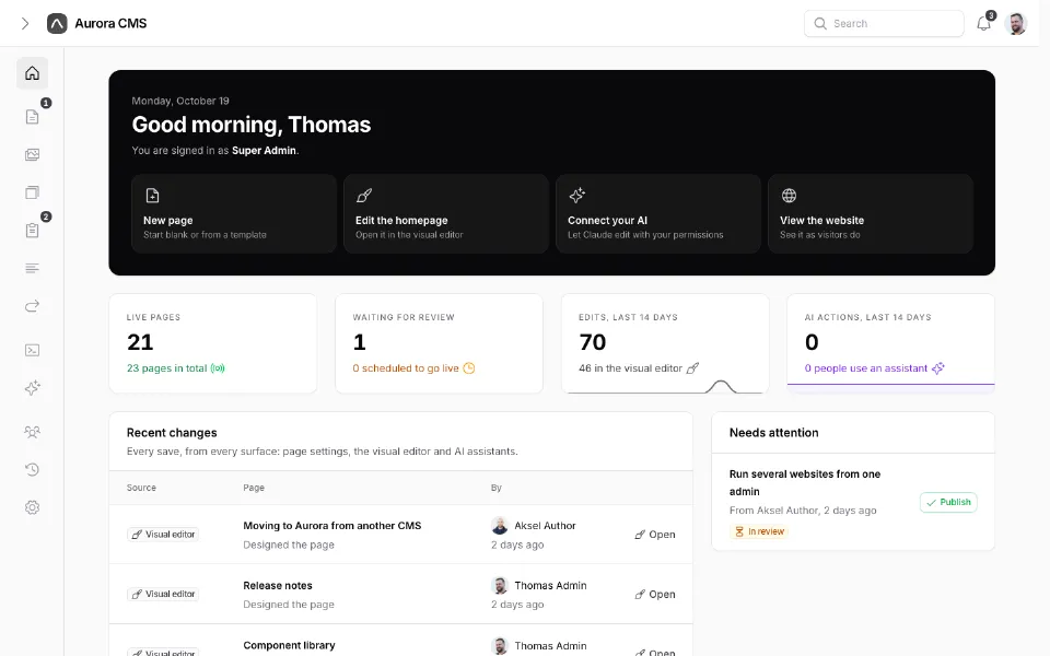 Aurora's dashboard in the Minimal theme