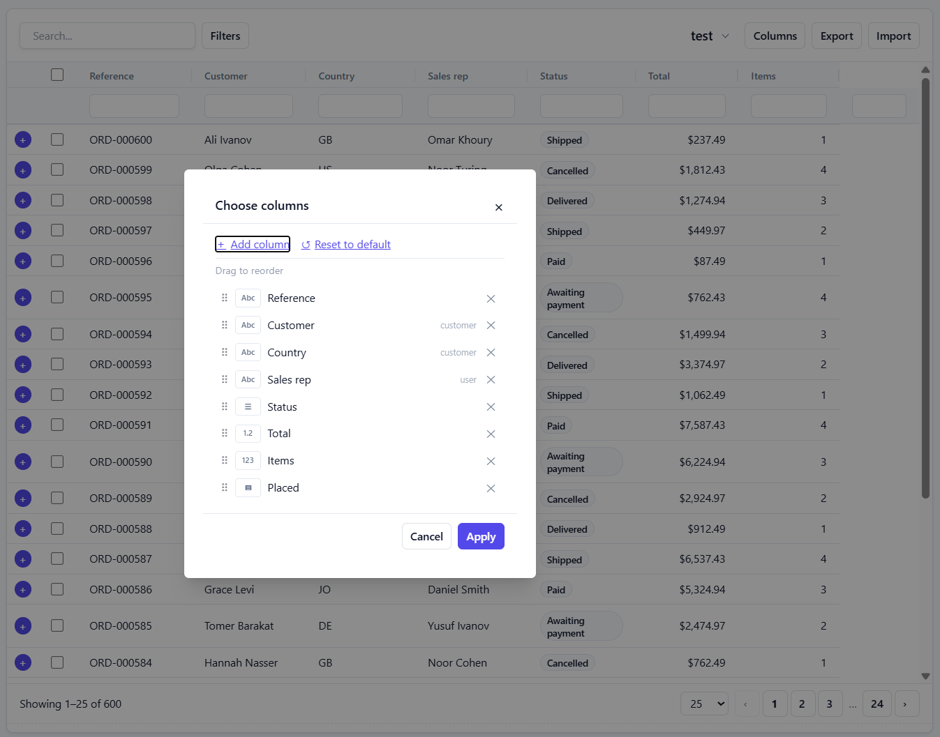 The Edit columns panel, adding a relationship column