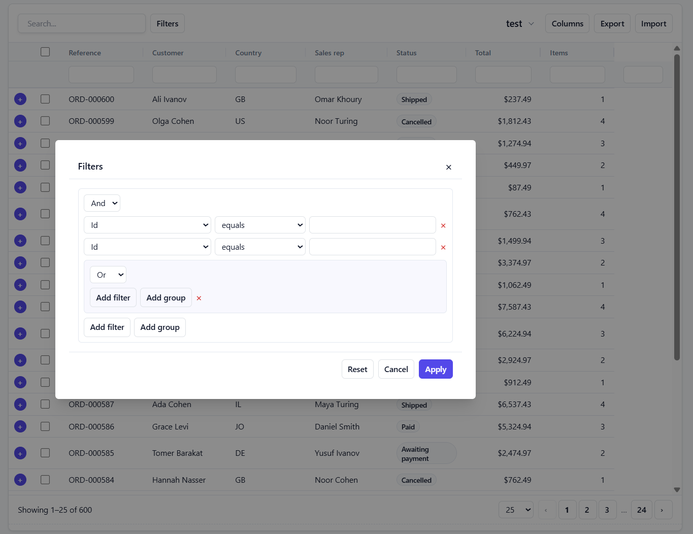 The filter builder, with a nested AND/OR group