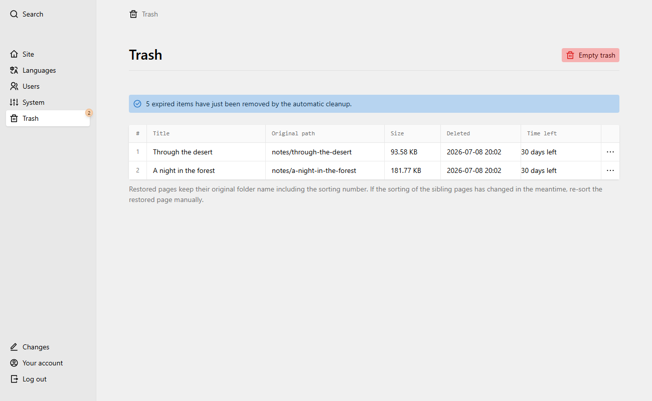 The trash area reporting what the automatic cleanup just removed