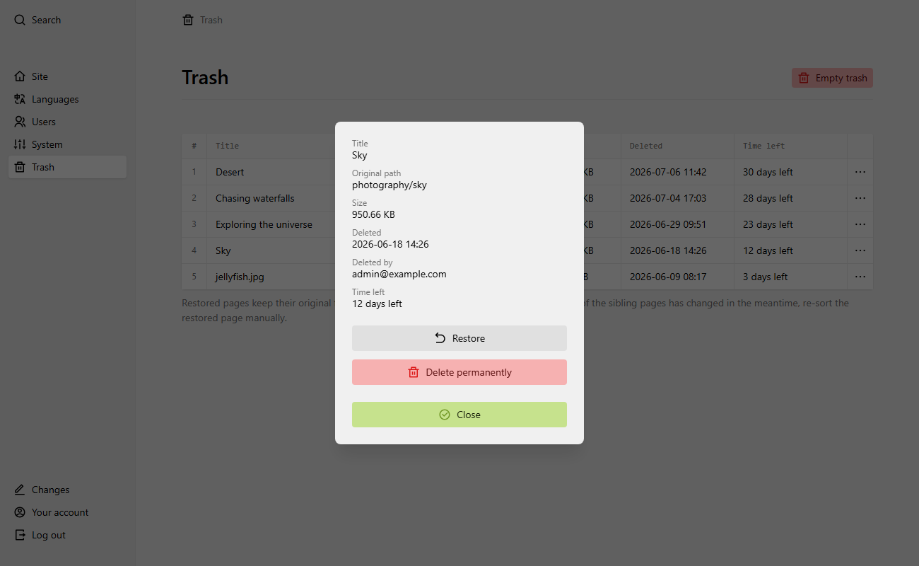 The details dialog of a trash item