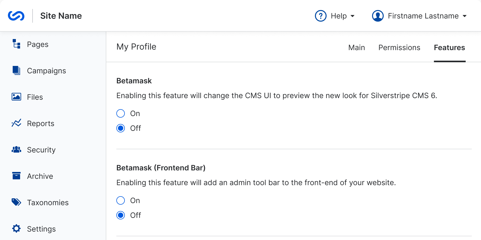 My Profile in Silverstripe CMS with betamask applied