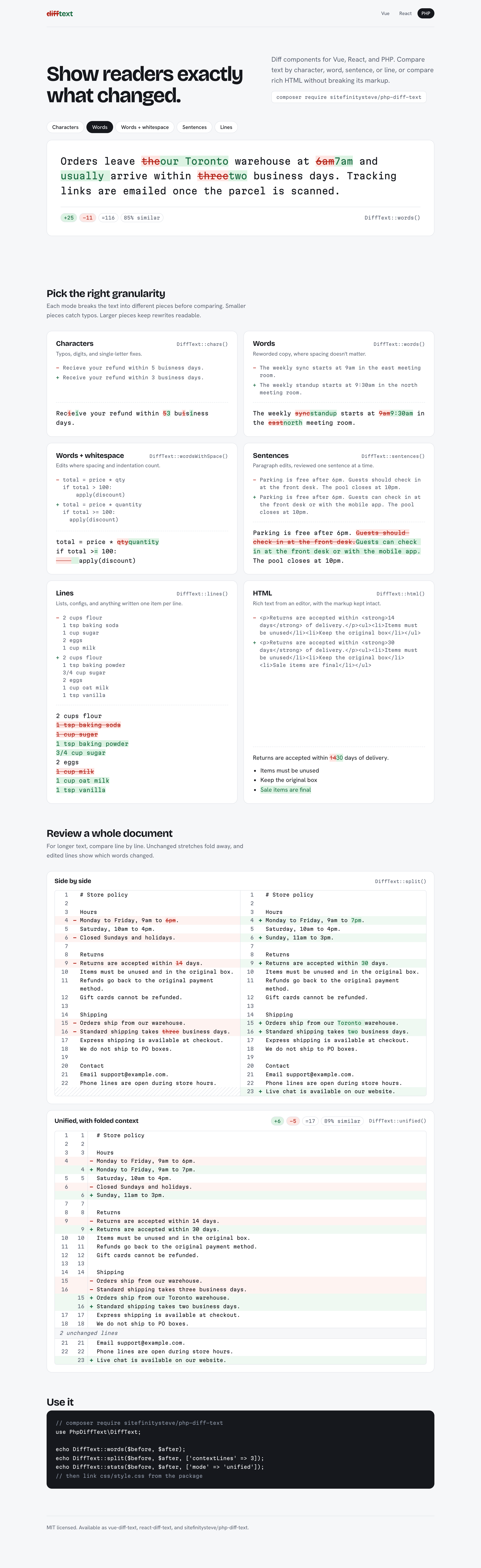 php-diff-text demo page, rendered server-side
