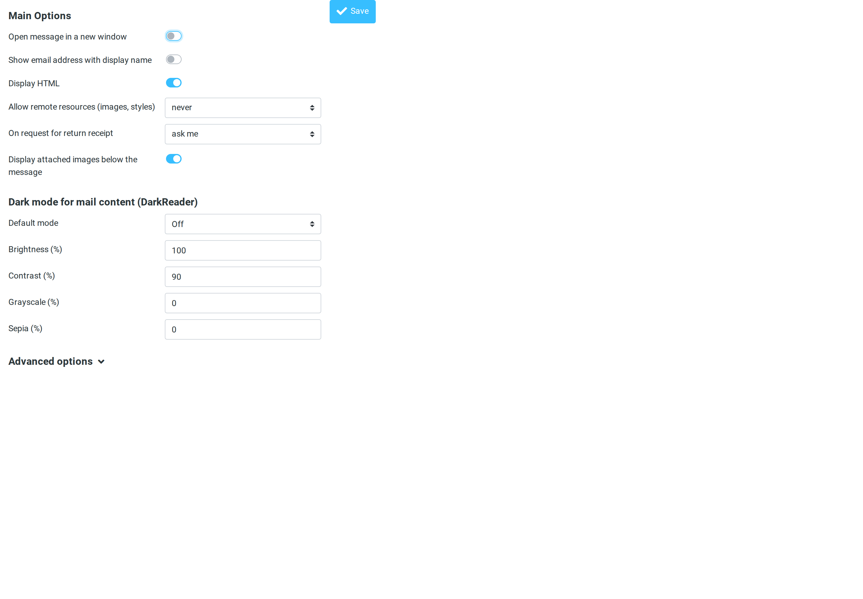 Settings for dark mode for mail content