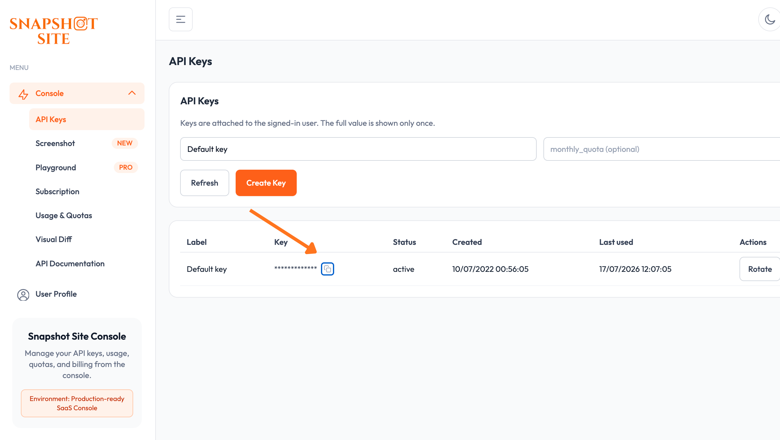 Snapshot Site Console — API Keys