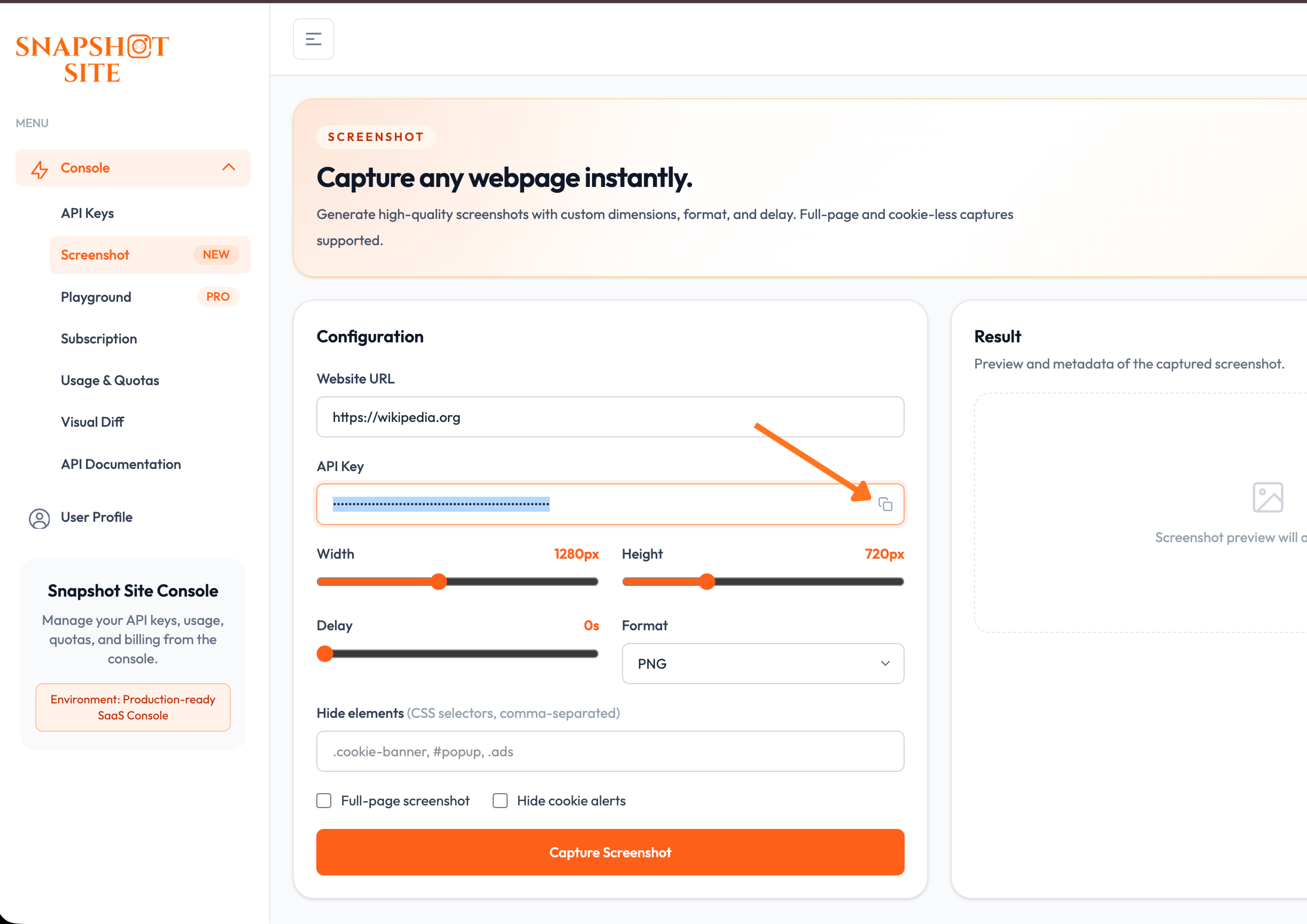 Snapshot Site Console — Screenshot playground