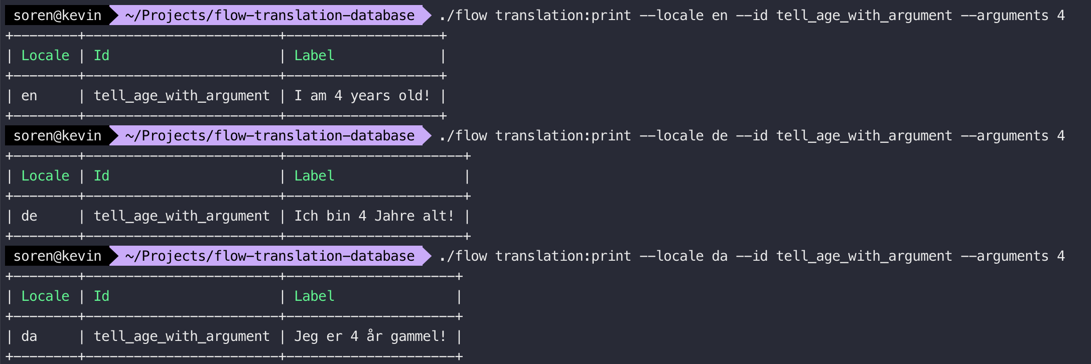 Print translation by locale and identifier including arguments