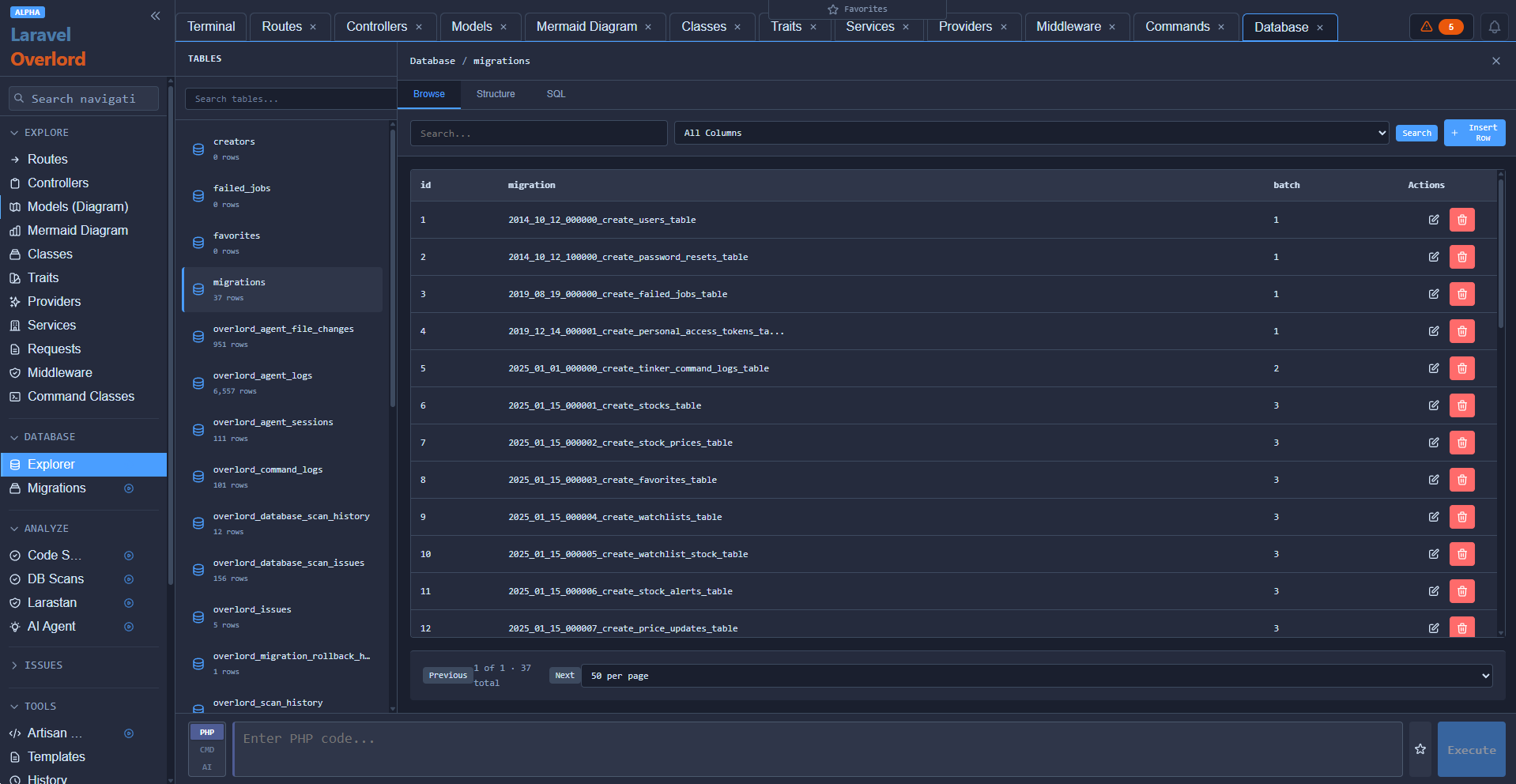 Database browser with inline editing capabilities