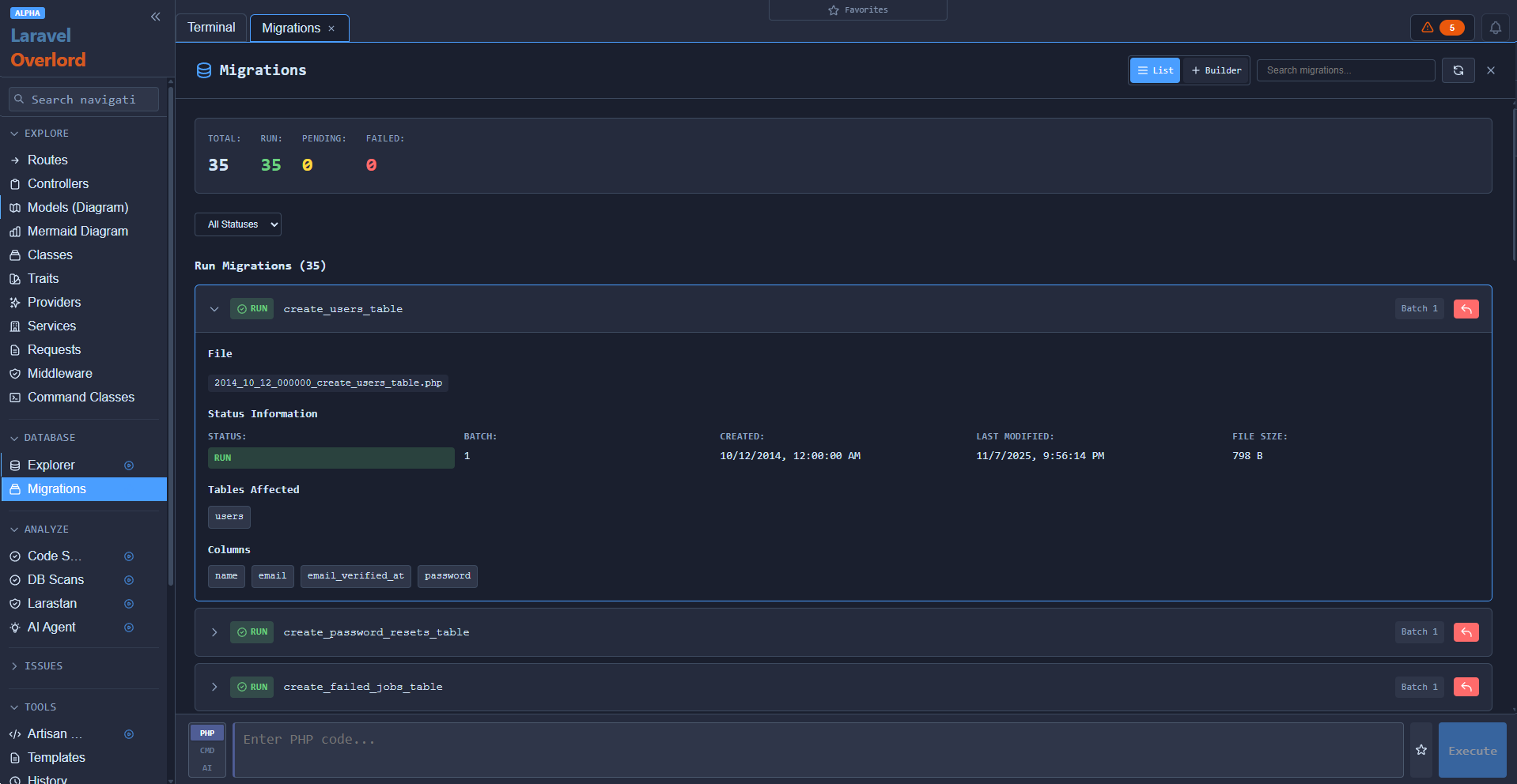 Migration management interface for viewing, running, and rolling back migrations