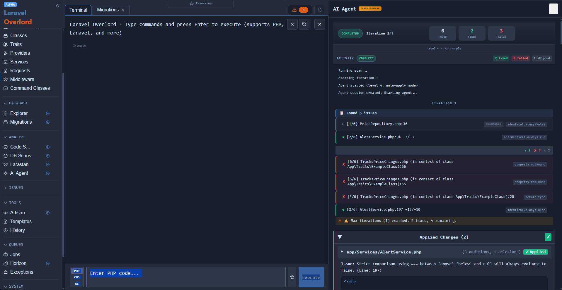 AI Larastan code fixer for static analysis and automated fixes