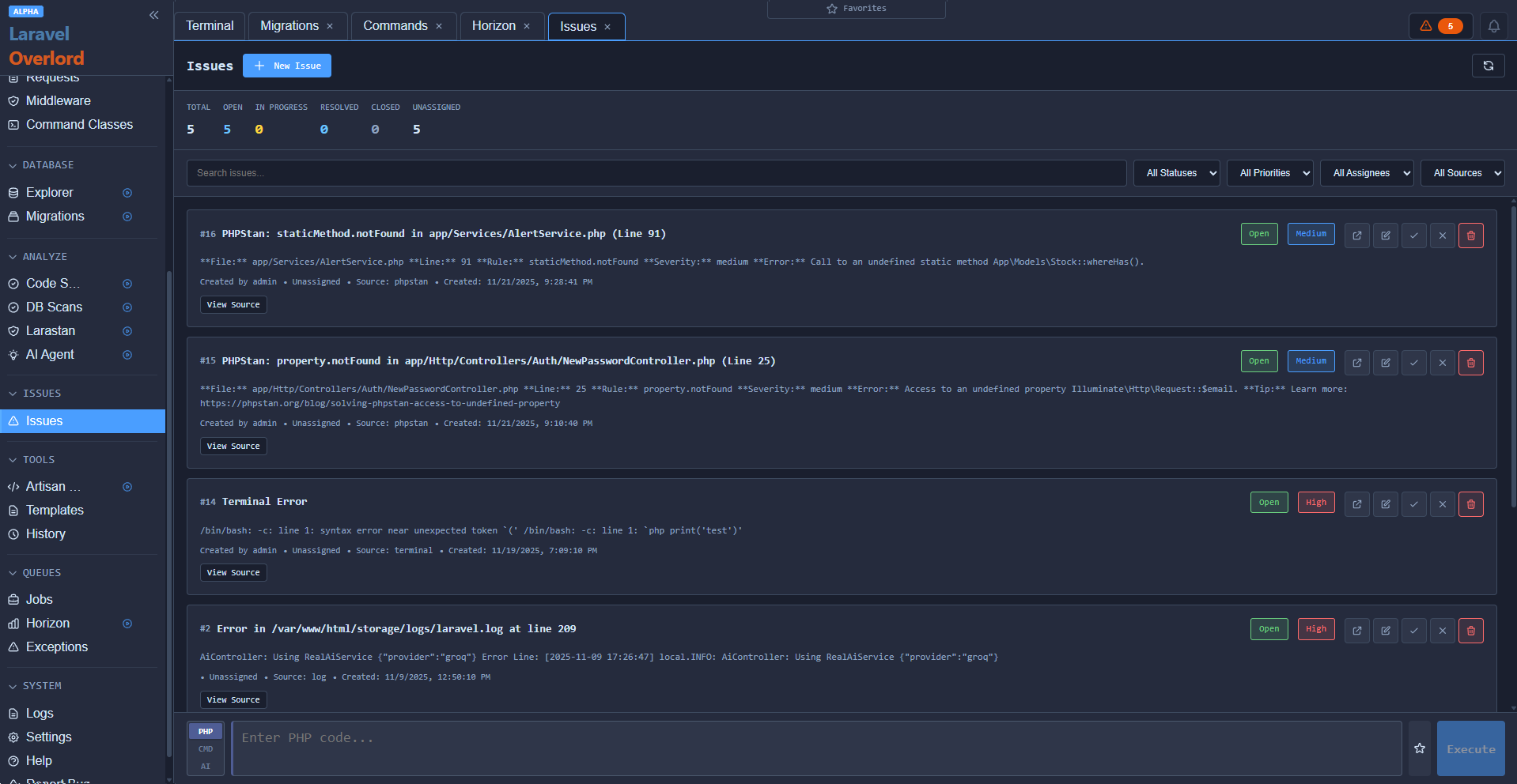 Issue tracker for managing bugs and code quality issues