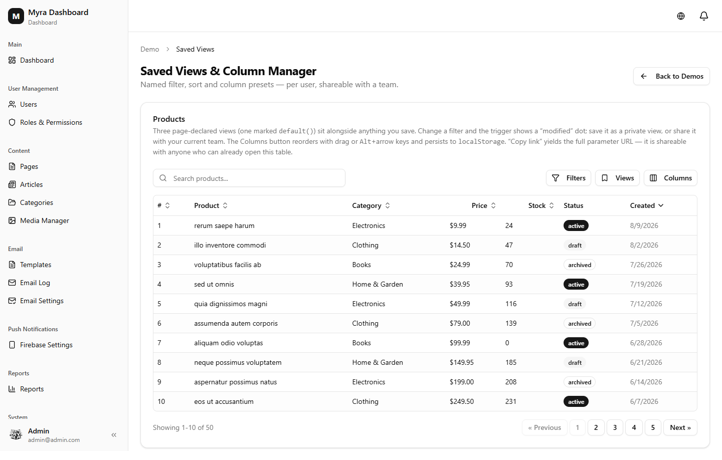 Saved views and column manager