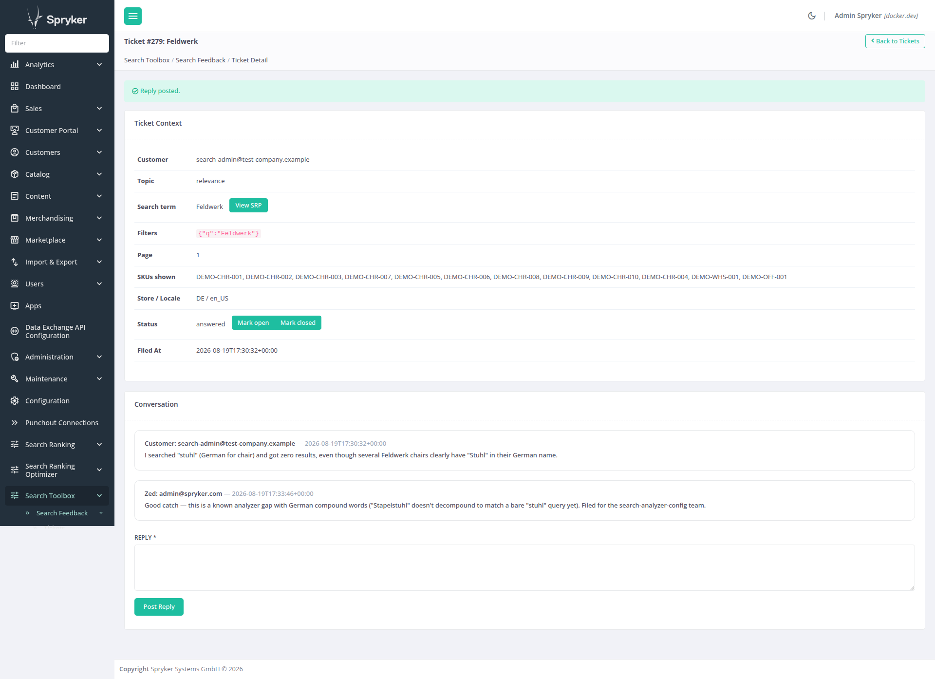 The Zed ticket detail page: Ticket Context (topic, search term, filters JSON, page, SKUs shown, store/locale, status with Mark answered/Mark closed actions, filed-at), and Conversation showing the customer's original message and a Zed admin's reply, with a reply form below