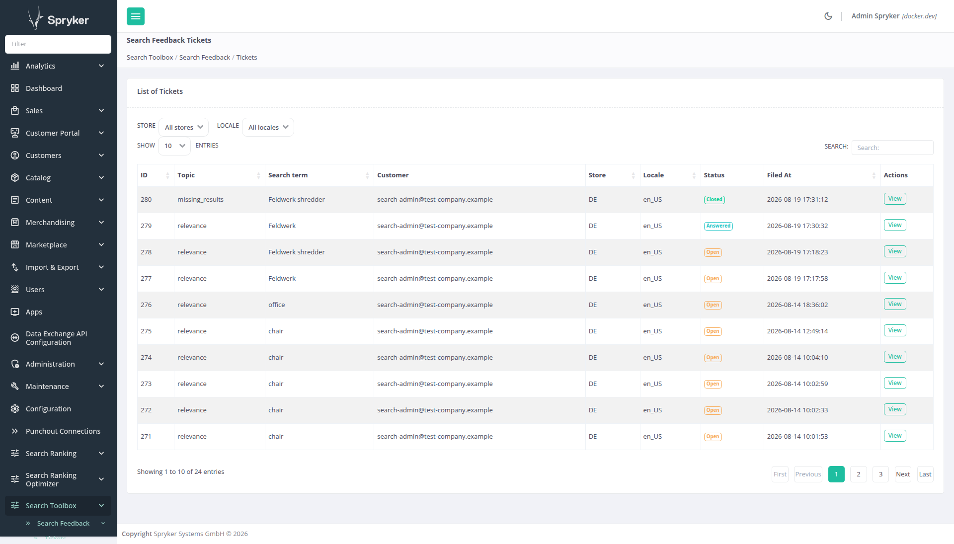The Zed ticket grid: ID, topic, search term, a colored status badge (orange Open / blue Answered / green Closed), filed-at timestamp, and a View action per row
