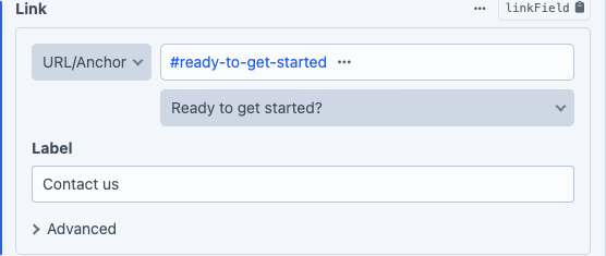 A Link field set to URL/Anchor: the URL is #ready-to-get-started, chosen in the dropdown below it ("Ready to get started?")