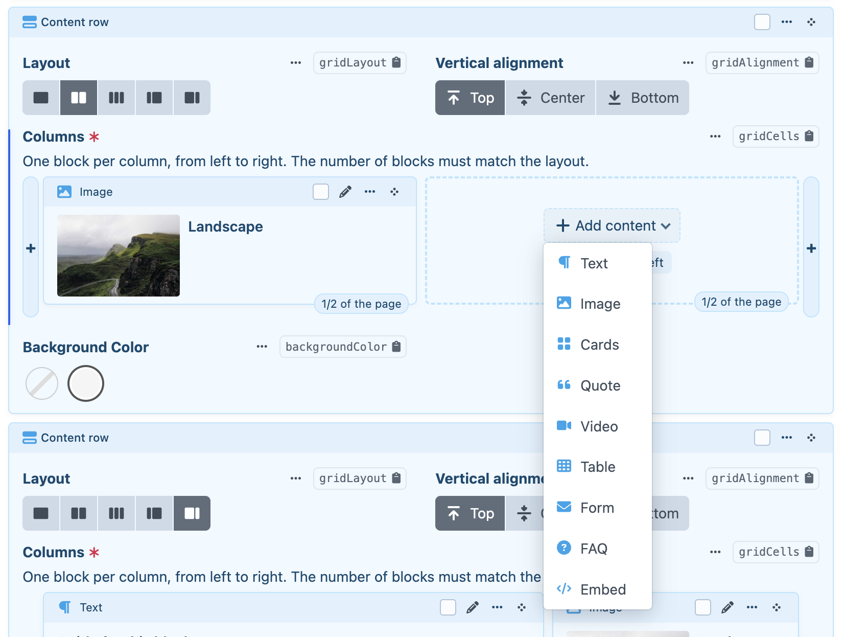 An empty column with the Add content menu, listing the cell types