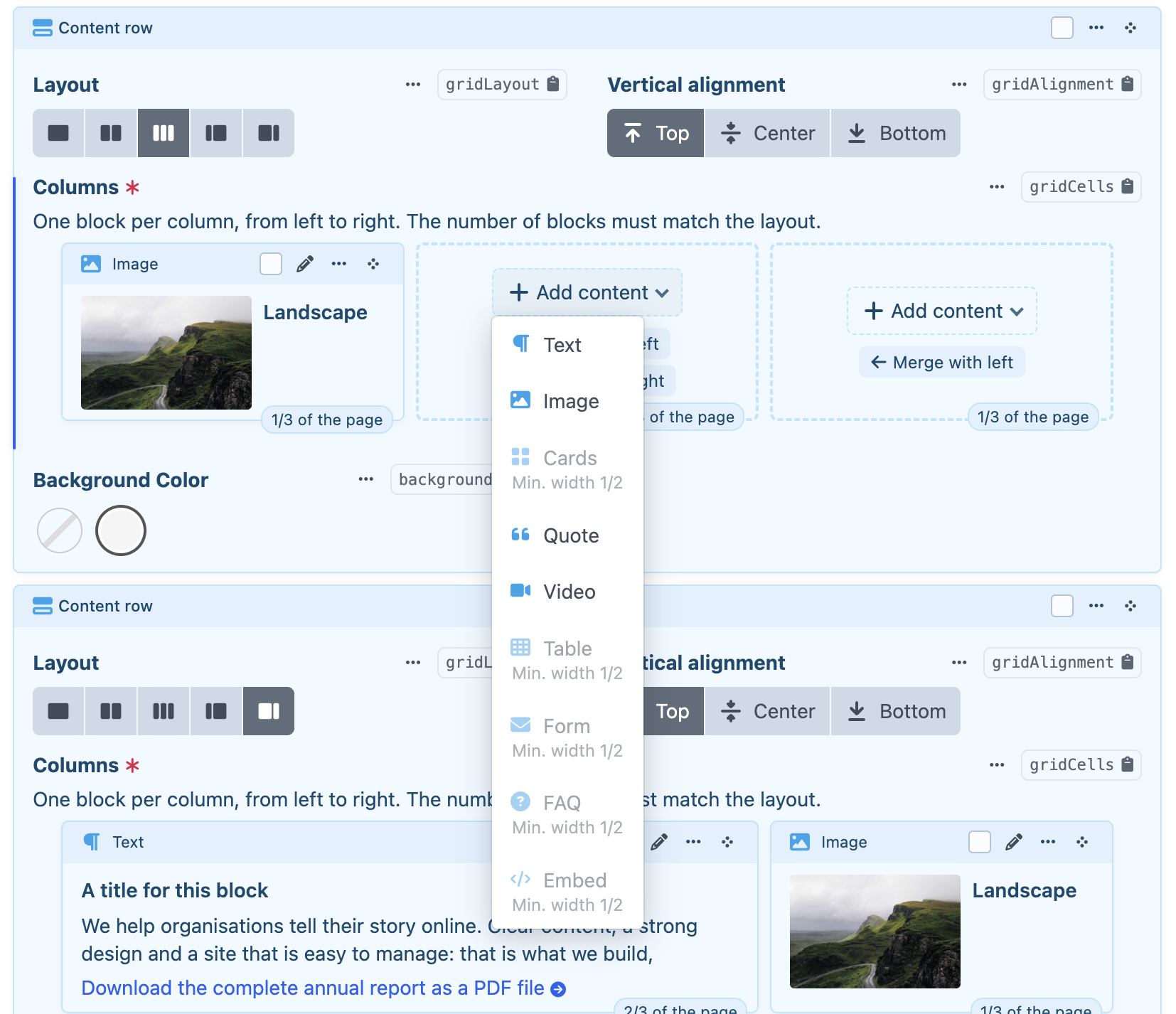 A row with three columns: two empty ones with Add content and Merge with left, and types that need a wider column disabled with their minimum width