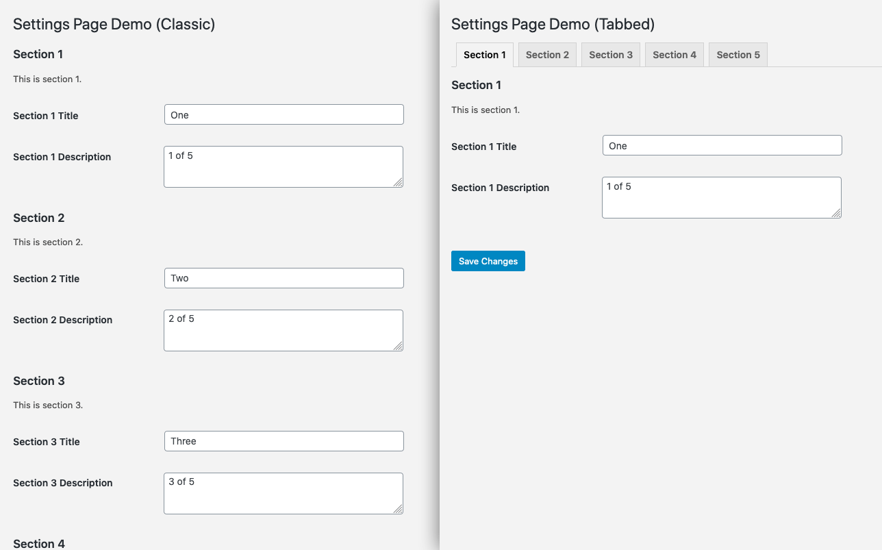 A side-by-side comparison of the classic, non-tabbed settings UI and the tabbed version