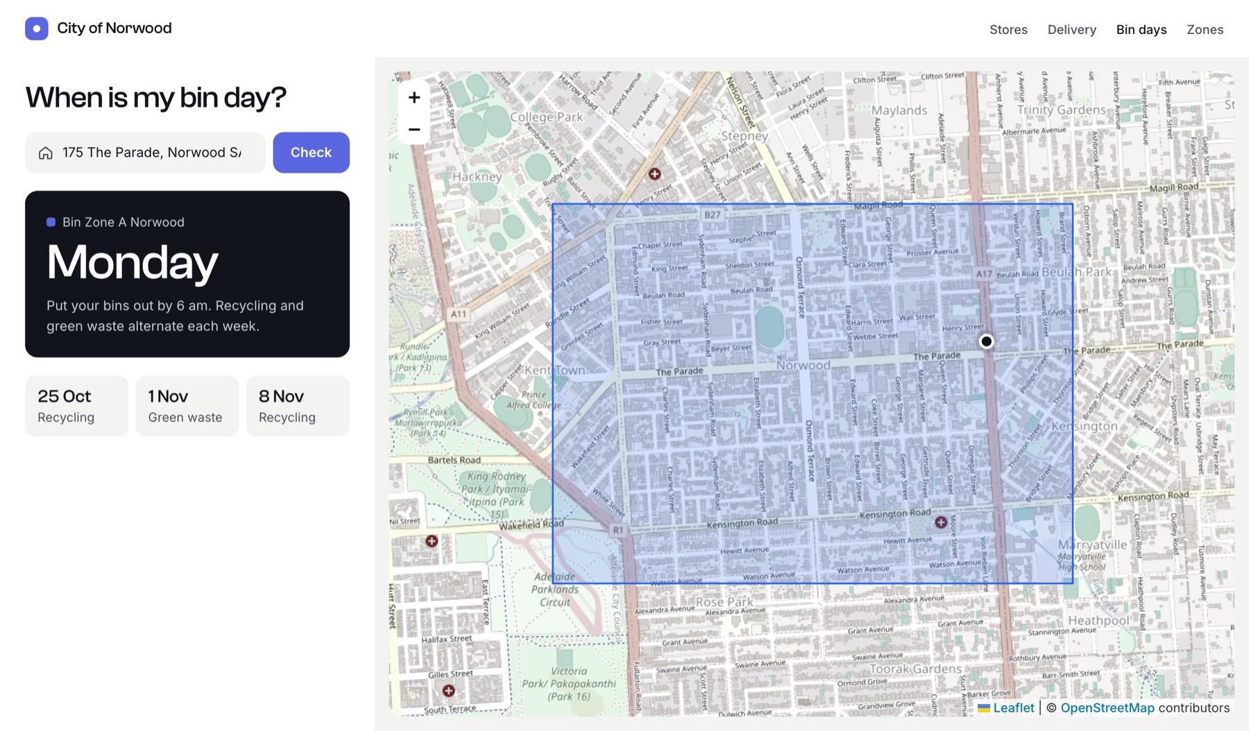 Bin collection zone lookup