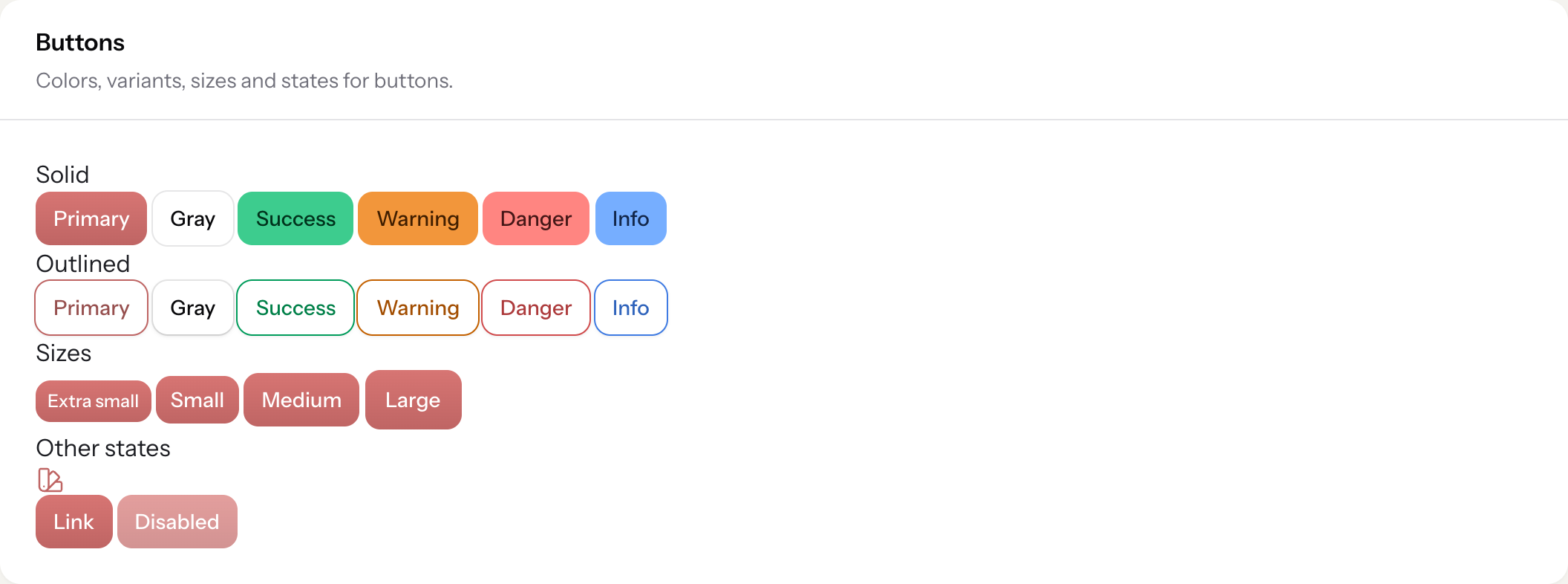 Ruby buttons — solid, outlined, sizes and states
