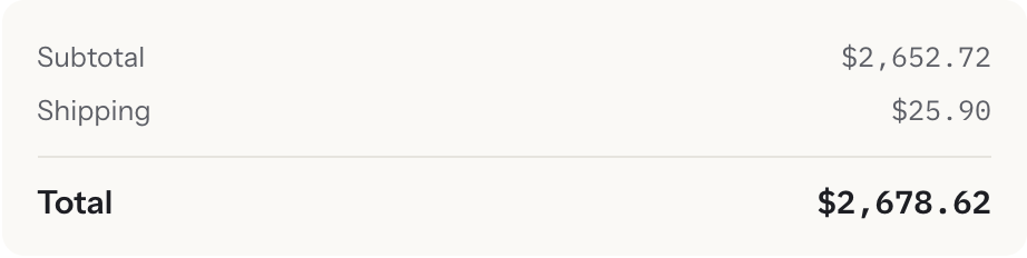 TotalsBlock, light mode — Subtotal, Shipping and Total rows with tabular numerals