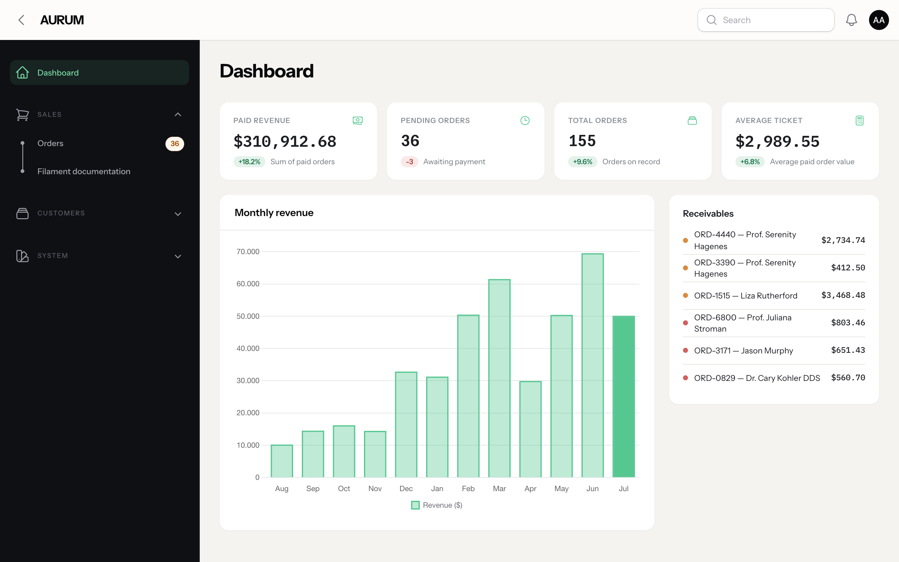 Emerald dashboard, light mode